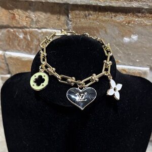 Gold Charm Bracelet with LV Heart and Flower Accents